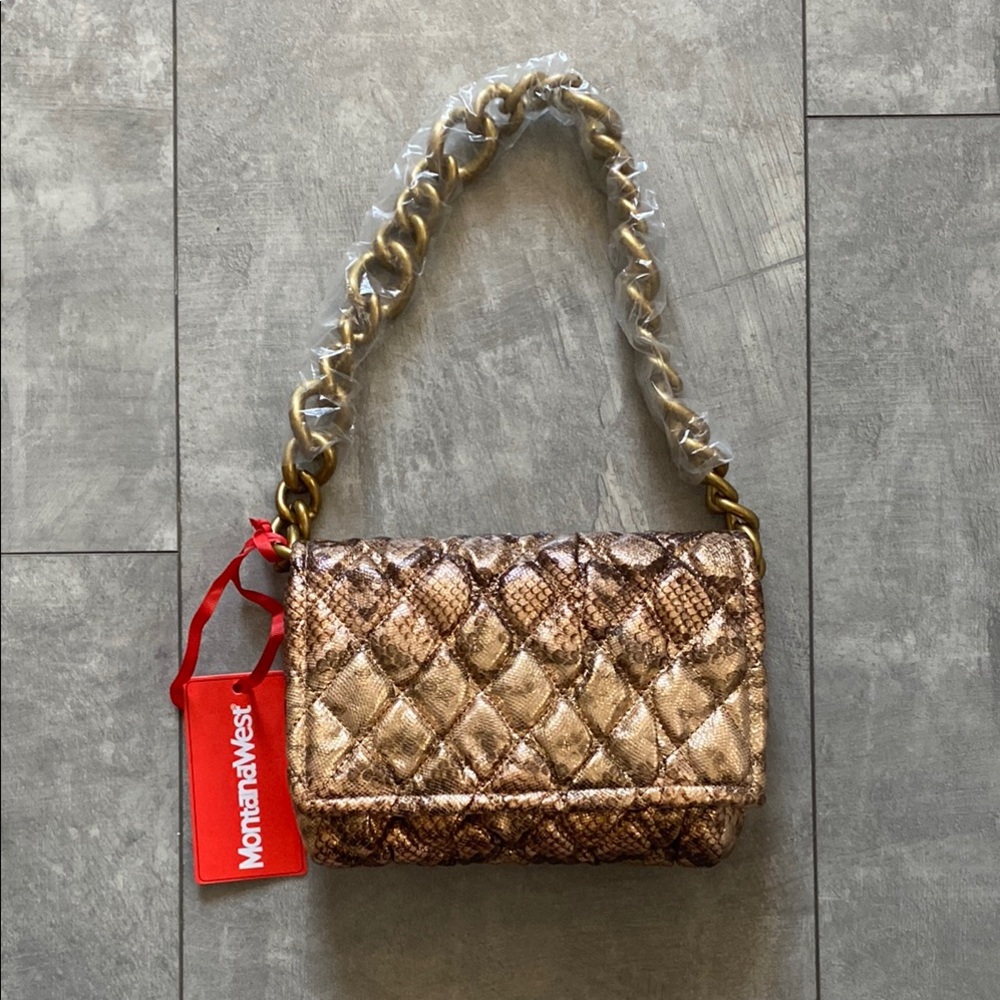 Montana West Gold Quilted Snake Print Shoulder Bag with Chain Strap